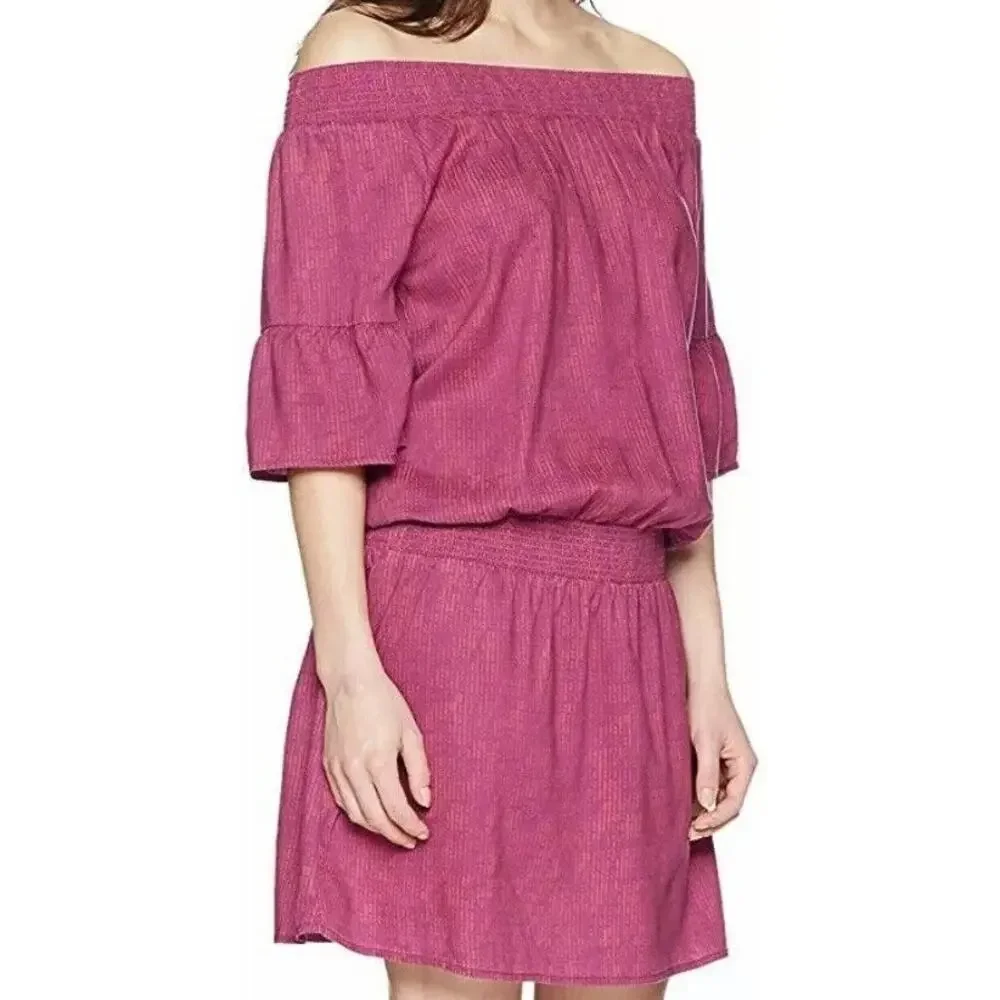 prAna Sz Small Lenora Off-Shoulder Drop Waist Dress Pink‎ & Purple Sprinkle